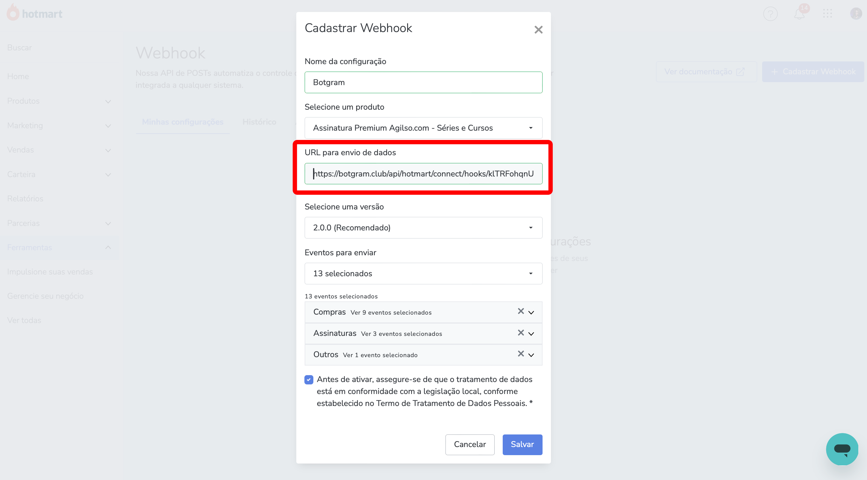 Webhook Botgram e Hotmart - Passo 4