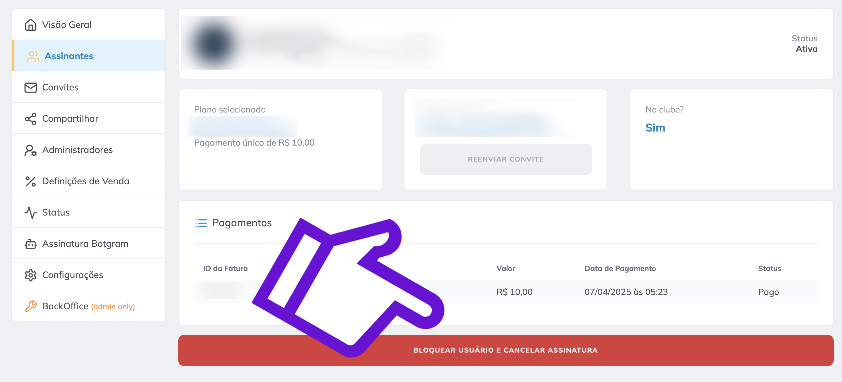 Bloqueio na página da assinatura